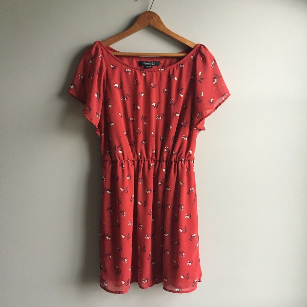 Forever 21 Red Scoop Neck Floral Mini Dress 🌻 Sundress S ❤️